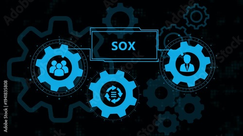 SOX Compliance System with Interlocking Gears and Icons Representing Teamwork, Process, and Management, Blue Digital Network