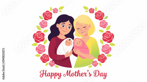 Happy Mother's Day Greeting Card Featuring a Lesbian Couple Holding Newborn Babies in a Floral Wreath, Same-Sex Parenting and LGBTQ+ Diverse Family Illustration