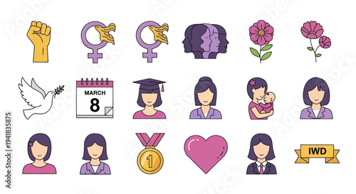 International Womens Day and Feminism Icons Set.