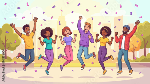 Diverse Group of Multi-Ethnic Friends Celebrating and Jumping for Joy with Falling Confetti in a City Park Illustration