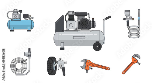 Cartoon vector illustration of air compressor equipment and mechanic tools.