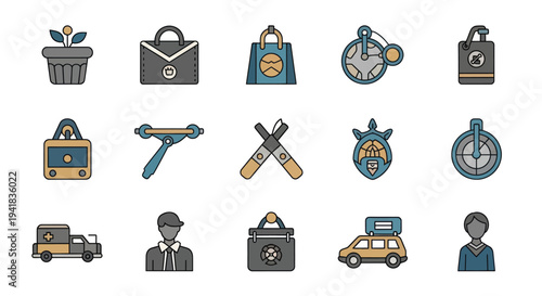 Collection of colorful vector icons representing diverse objects and concepts.