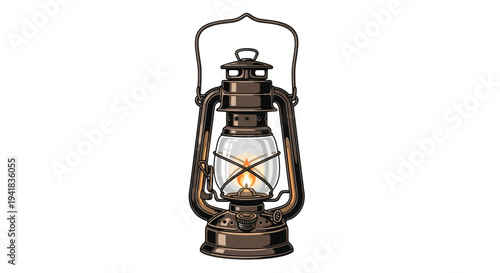 Vintage oil lantern with a glowing flame isolated on a white background