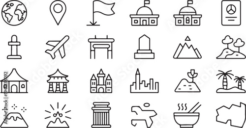Set of black and white representing various landmarks and travel-related symbols