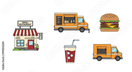 Collection of Food Service Icons: Restaurant Food Trucks Burger and Drink.
