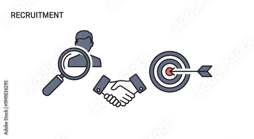 Recruitment icons: magnifying glass handshake and target with arrow.