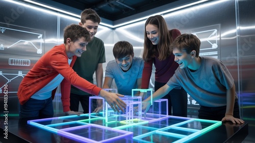 A diverse group of teenagers excitedly interacting with a futuristic holographic puzzle in a brightly lit escape room, high-tech atmosphere