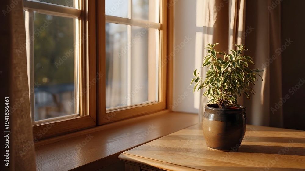 Fototapeta premium A potted green plant sits on a wooden table by a sunlit window casting gentle shadows indoors