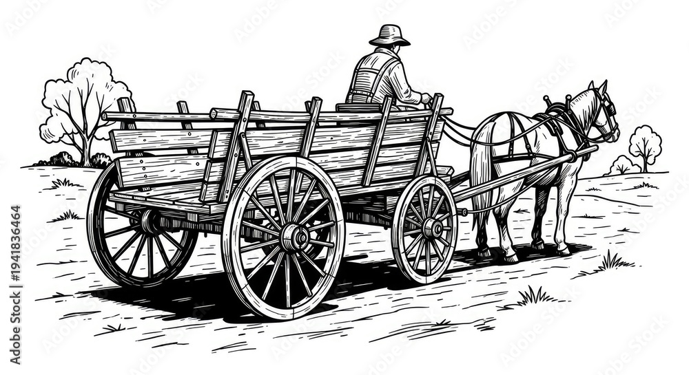 Fototapeta premium Man driving horse drawn cart in rural landscape black and white illustration