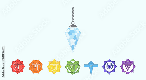 Chakra Symbols with Pendulum: Colorful Spiritual Icons for Meditation and Healing.