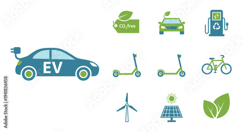 Eco-friendly transportation and green energy icon set with an electric car scooter and solar panel.