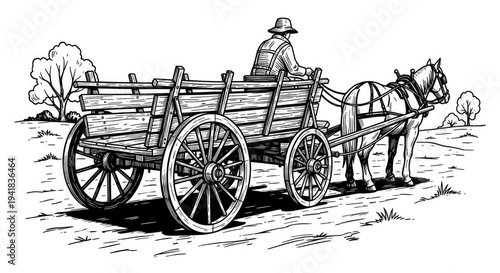Man driving horse drawn cart in rural landscape black and white illustration