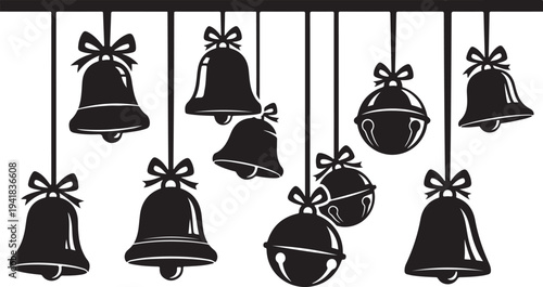 Black Christmas bells hanging with ribbons and bows decoration