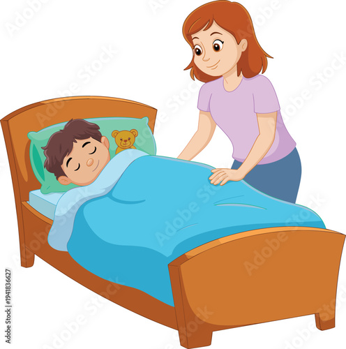 Mother tucking child into bed at night, caring parent bedtime routine, sleeping kid cartoon illustration, family love concept