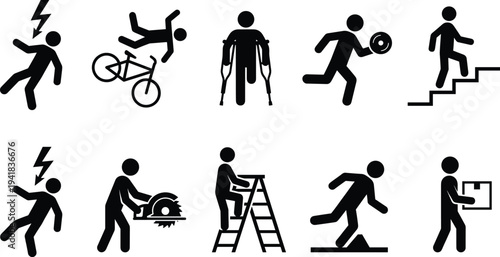 Black Minimalist Warning Icons Set Featuring Skull Crossbones, Fire Flames, Industrial Hazard Signs, Safety Pictograms, Cleaning Tools, and Workplace Caution Symbols Isolated Vector