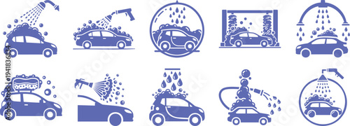 Car wash service cleaning automobile maintenance foam water vehicle wash vector icon set