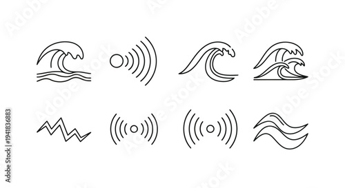 Ocean wave and signal icons: water, sound waves, and energy symbols