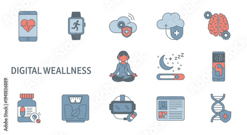 Digital Wellness Icons Collection for Health and Technology.