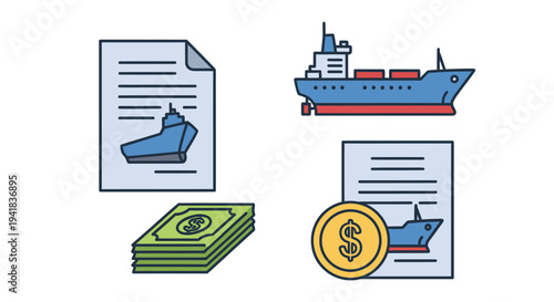 Blue Cargo Ship with Red Hull and Containers Vector Illustration.