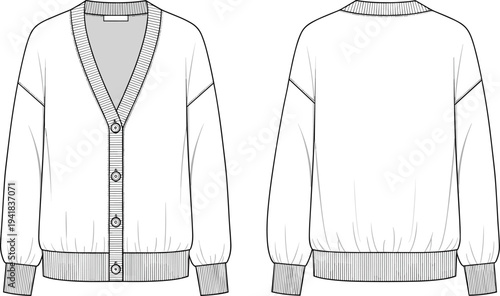 Cad drawing flat vector illustration of a women's v neck knit cardigan sweater technical sketch template with front back view