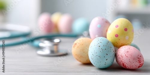 Colorful Easter eggs with stethoscope on light wooden table