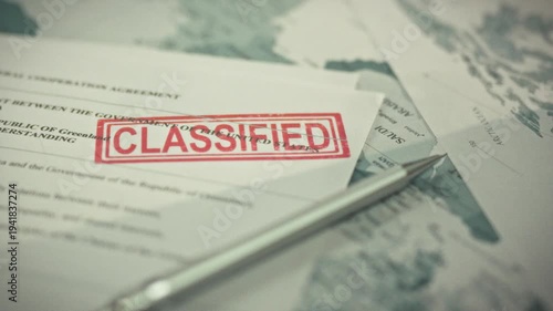 A confidential intergovernmental document with a large red secret stamp is processed according to strict access protocol. The classified documents lie on a paper map of the world on the table