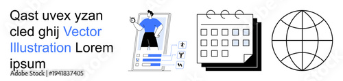 Digital identity, global reach, calendar management, organization, virtual connections, personal data. Human figure on ID screen, calendar and globe icon. Digital identity and global reach