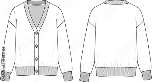 Cad drawing flat vector illustration of a women's v neck knit cardigan sweater technical sketch template with front back view