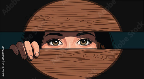 A pair of eyes peering through a wooden plank opening