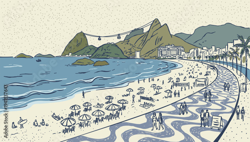 Copacabana beach. Vector handdrawn illustration