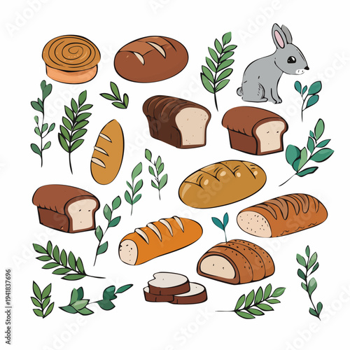 Assorted Bread Loaves and Rabbit Illustration.