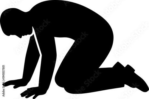 Man silhouette in kneeling position, bowing head down in humility or despair. Human body posture vector illustration icon. Simple shape