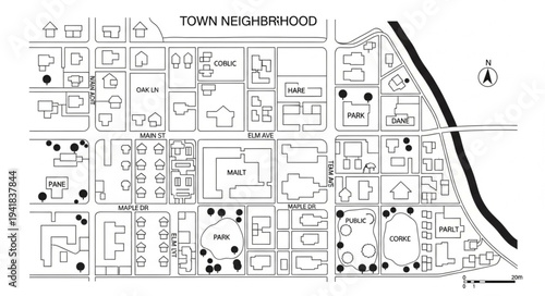 Detailed Town Neighborhood Map Illustrating Urban Planning and Infrastructure.
