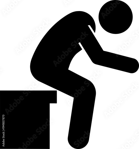 Man sitting on a block or stool with a hunched posture. Body language and posture concept. Simple vector illustration