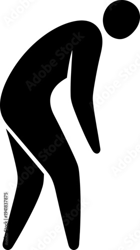 Man bending over, tired and exhausted, showing fatigue and overwork. Simple stick figure symbol for effort and physical strain concept. Vector icon for health design