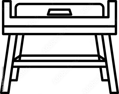 Front view of an outline wooden baby crib with mattress design for baby nursery furniture. Child care vector icon