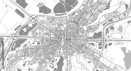 Detailed aerial view of a city layout with intricate road networks.