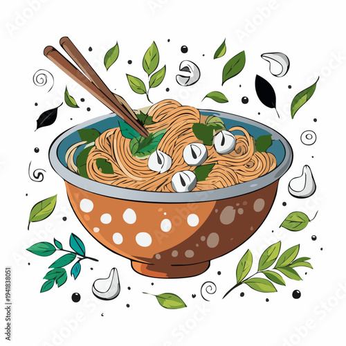 Delicious bowl of noodles with herbs.