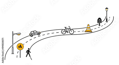 Roadway scene with car, bicycle, pedestrian, and traffic cone.