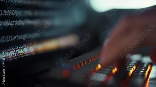A programmer's hand swiftly presses computer keyboard keys, crafting code displayed on a monitor, showcasing software development for modern automation and artificial intelligence technology