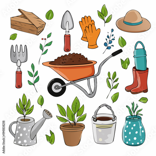 Gardening tools and plant care items.