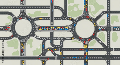 Aerial View of a Complex Road Network with Roundabouts.
