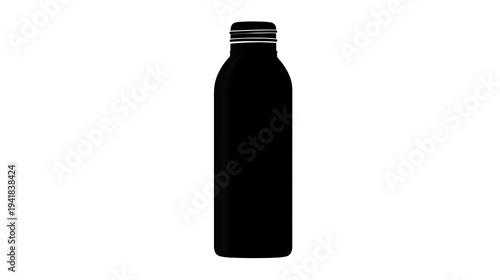 A sleek, minimalist bottle of liquid, showcasing elegant simplicity. The bottle features a dark, opaque body with a contrasting metallic cap
