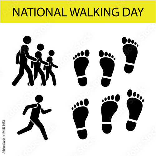 National Walking Day vector illustration with stick figures walking and running, alongside a set of six black human footprints, ideal for health and fitness campaigns.