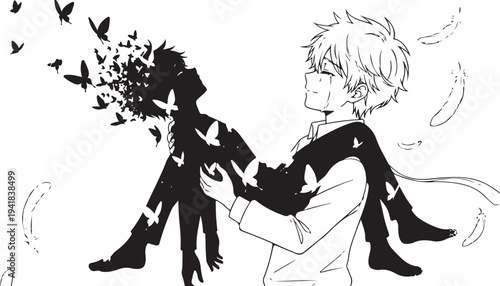 Black and white manga style illustration of man holding another person with butterflies