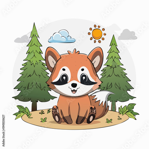 Cute Cartoon Red Panda Sitting in Forest Clearing.