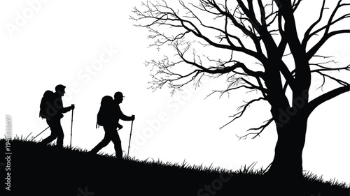 Hikers silhouette trekking uphill beside lone tree, backpackers walking on hill slope, nature adventure scene, outdoor hiking vector illustration, travel exploration concept