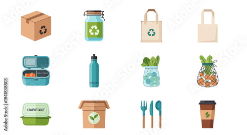 A colorful flat icon set of zero waste and eco-friendly lifestyle products for sustainable living.