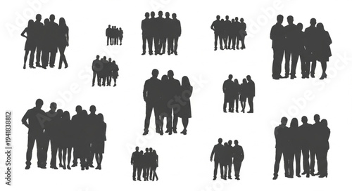 Silhouetted Groups of People Standing Together in Various Formations.