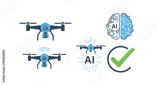 AI-Powered Drone Technology: Vector Illustration of Autonomous Aerial Vehicles and Artificial Intelligence Integration.